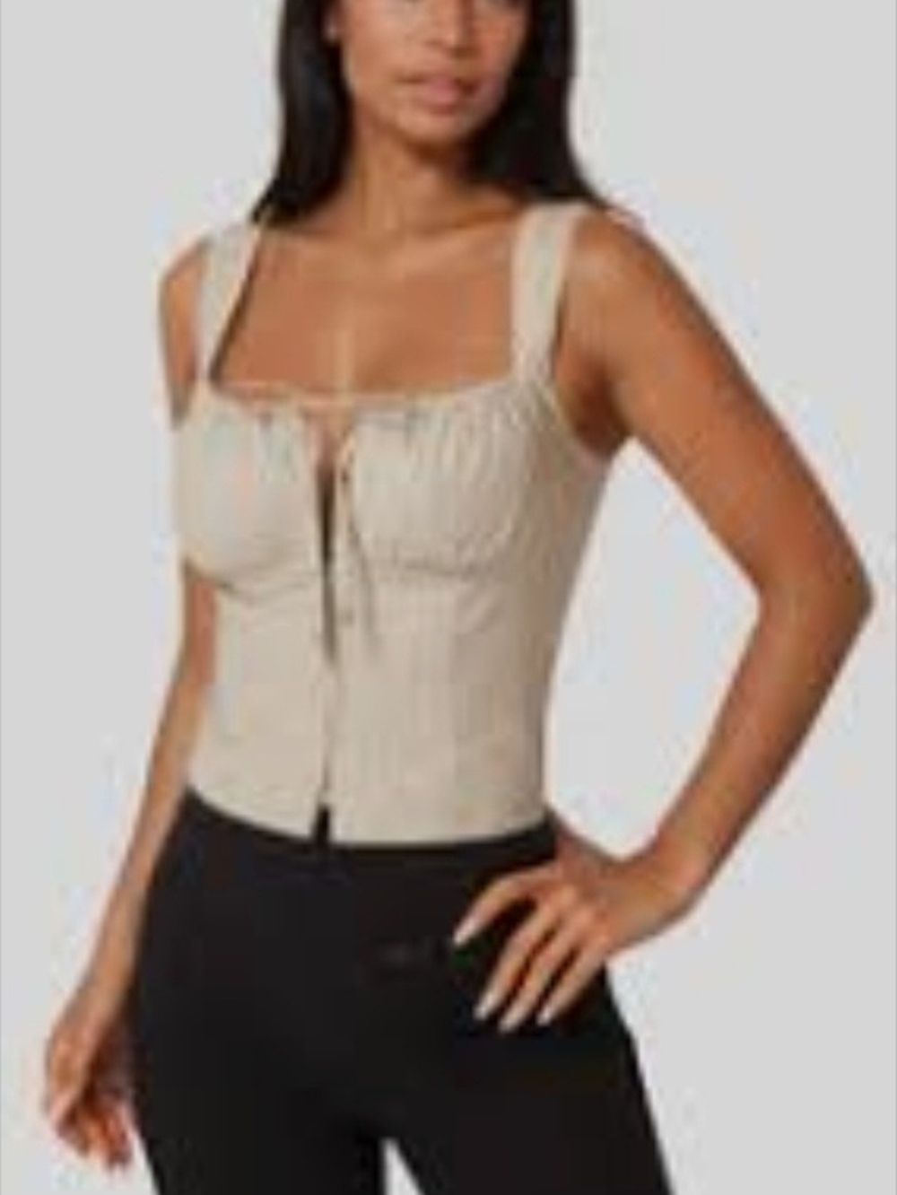 Boho Square-Neck Tie-Front Ribbed Tank Top - Cream